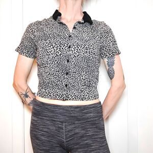Wild Fable Leopard Print Ribbed Button Up Crop Top Collared Size XS